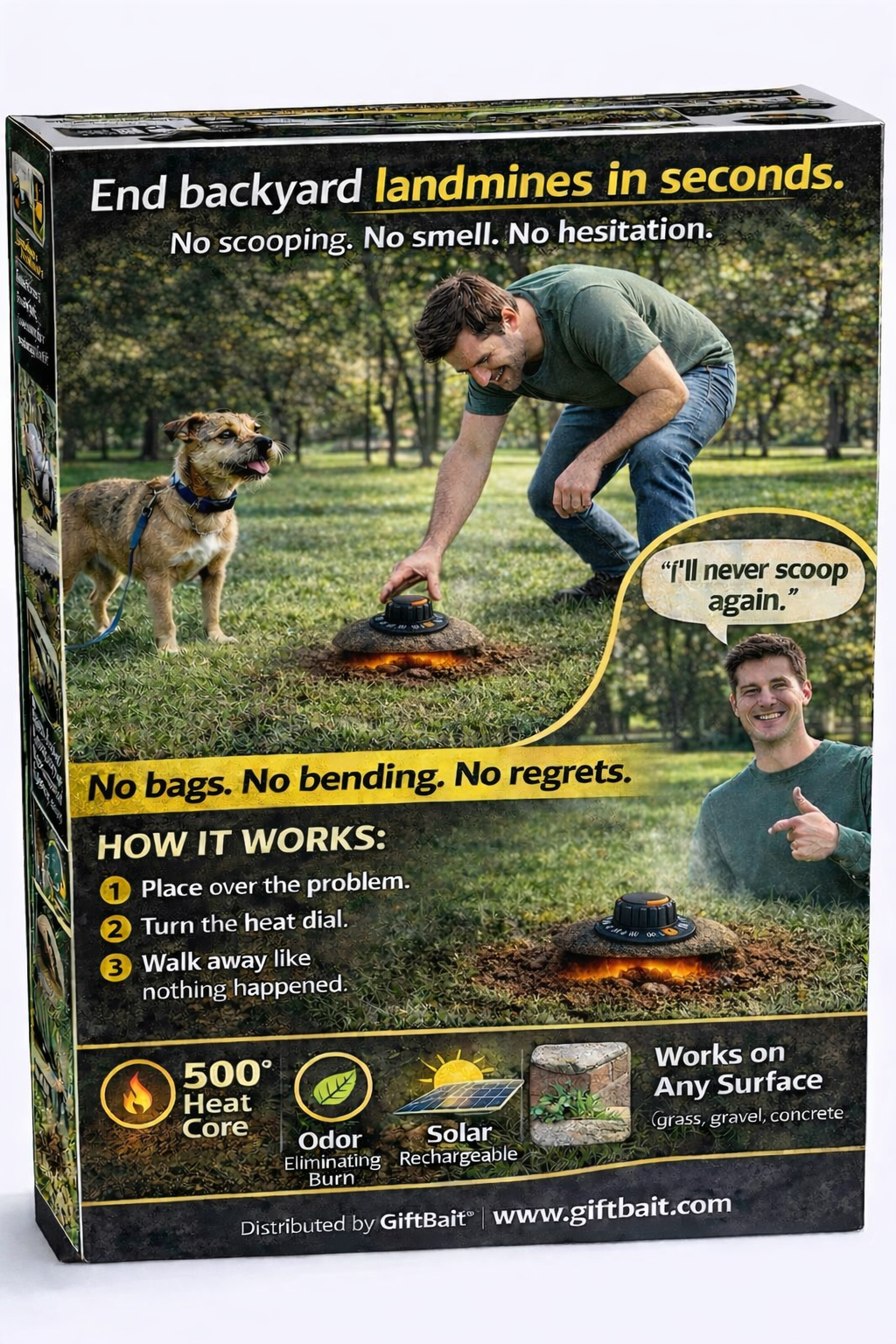 Product packaging for a device to dispose of dog waste, featuring a man and dog in a park setting.