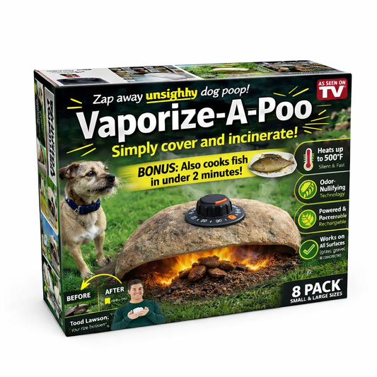 Vaporize-A-Poo product packaging with images of a dog, fire, and text on a white background