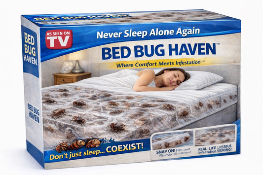 Box of Bed Bug Haven product with a woman sleeping on a bed and text 'Never Sleep Alone Again'.