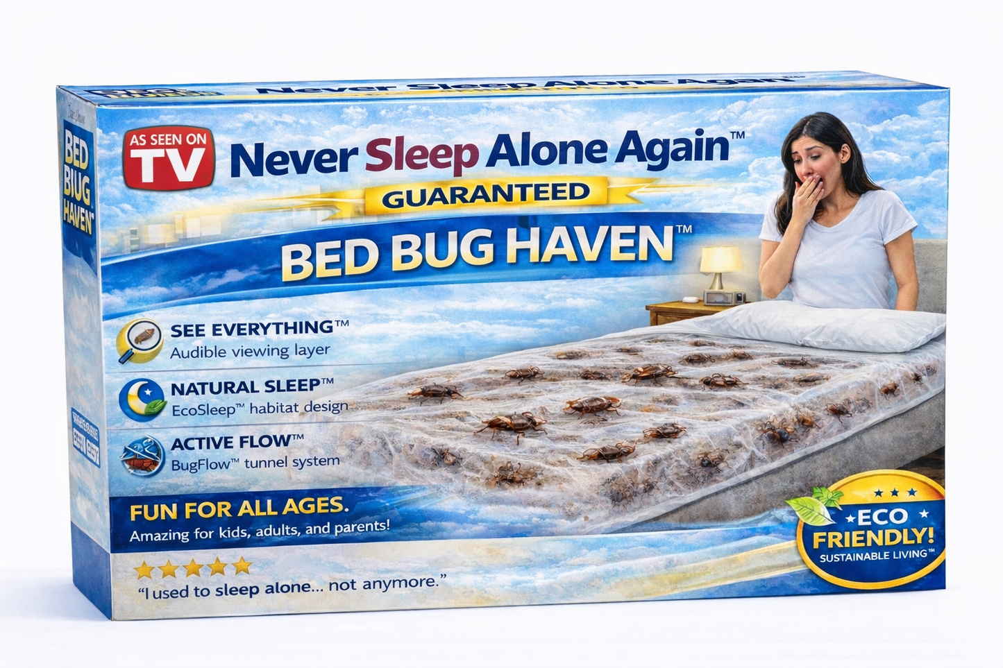 Box of 'Never Sleep Alone Again' Bed Bug Haven product with a woman and bedbug illustration on a blue sky background.